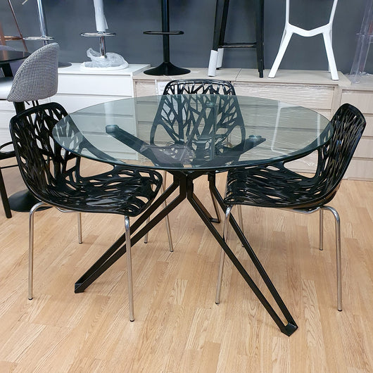 Mesa moderna redonda minimal negra y cristal 110 cm