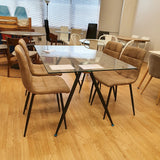 Mesa cristal madera y metal negro 140 x 90 cm.