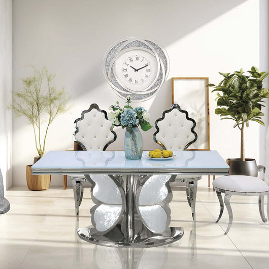 Mesa de comedor cristal y cromo mariposa 160 x 90 cm.