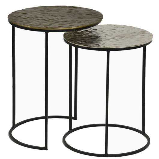 2 mesas de centro encajables de latón y niquel 41 y 37 cm.