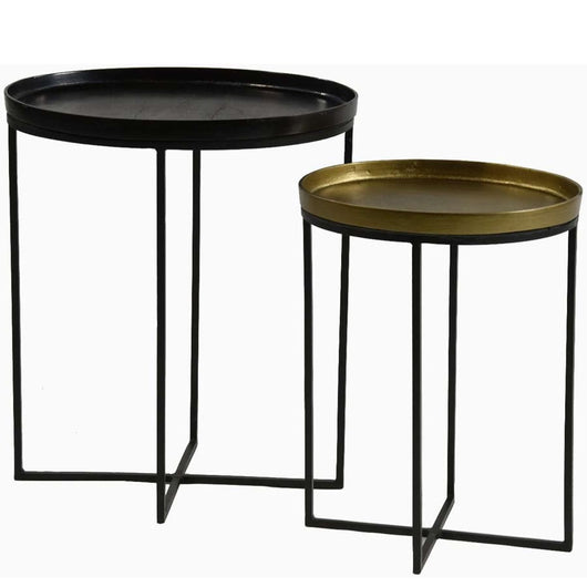 2 mesas auxiliares ovaladas con bandeja, latón y bronce