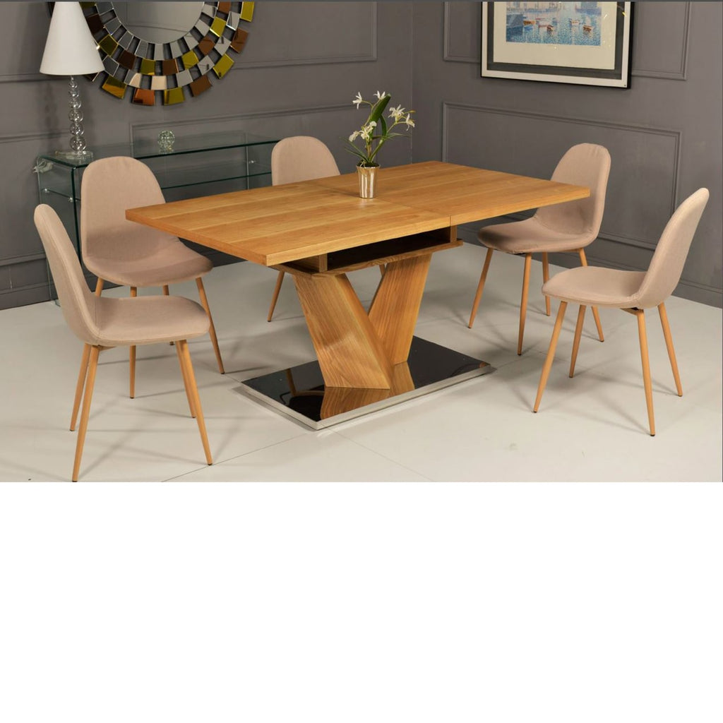 Mesa comedor extensible pata central en "V" chapa de madera de fresno