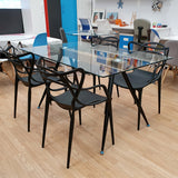 Mesa cristal madera y metal negro 140 x 90 cm.