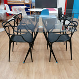 Mesa cristal madera y metal negro 140 x 90 cm.