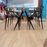 Mesa cristal madera y metal negro 140 x 90 cm.