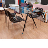 Mesa cristal madera y metal negro 140 x 90 cm.