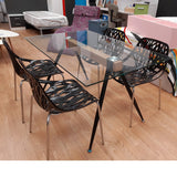 Mesa cristal madera y metal negro 140 x 90 cm.