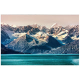 Foto sobre cristal montañas nevadas y lago 120x80 cm.