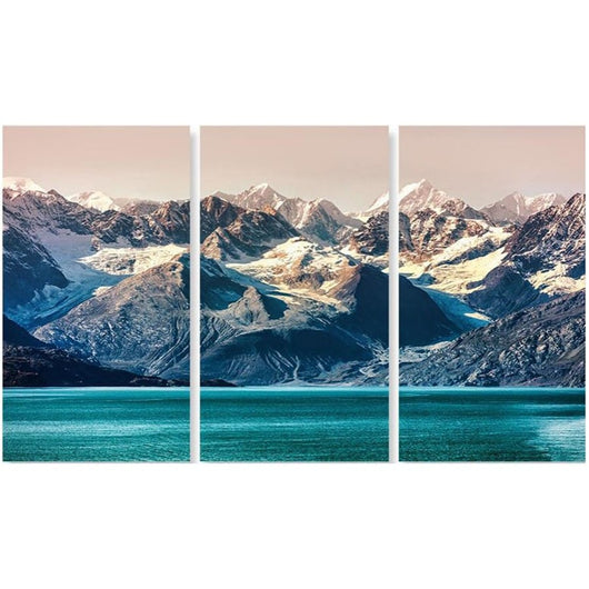 Foto sobre cristal tríptico montañas nevadas y lago 180x130 cm.