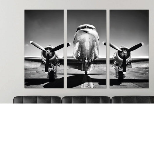 Foto sobre cristal tríptico avión blanco y negro 180x120 cm.