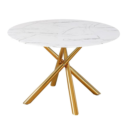 Mesa de comedor redonda cristal mármol y dorado 120 cm.