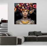 Foto sobre cristal mujer bodegón con flores 80x80 y 120x120 cm.