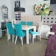 Silla de comedor o despacho, blanca con tapizado aguamarina, ELIGE