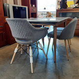 Sillón respaldo abierto tapizado gris / mostaza / menta