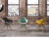 Sillón respaldo abierto tapizado gris / mostaza / menta